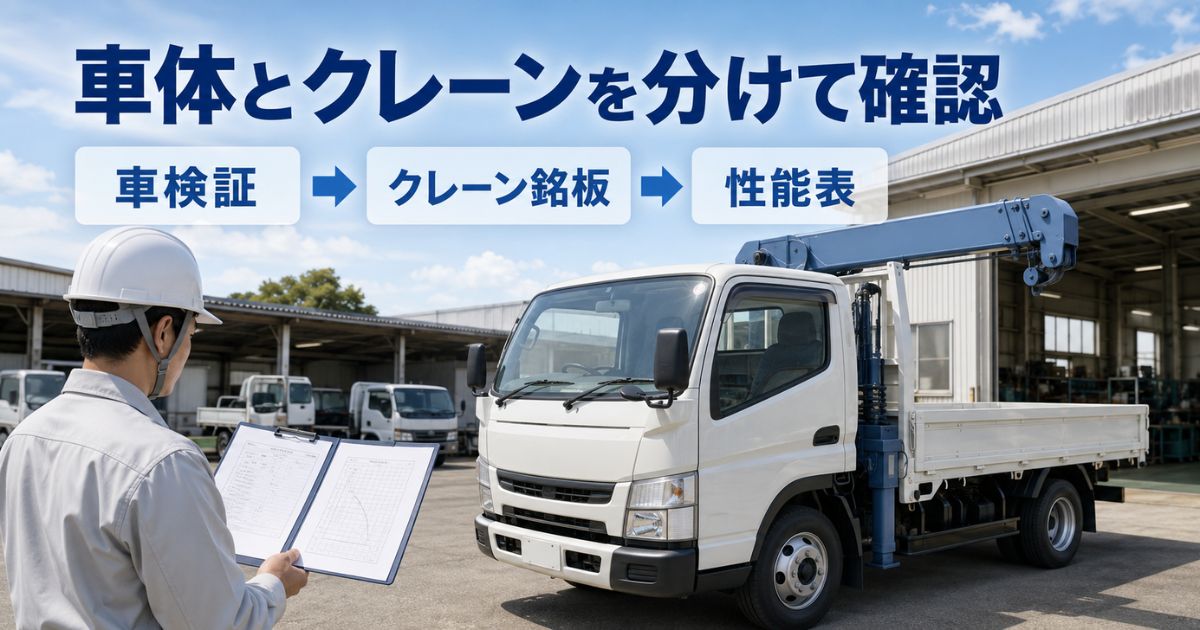 三菱ユニック選びで車検証・クレーン銘板・性能表を分けて確認する場面