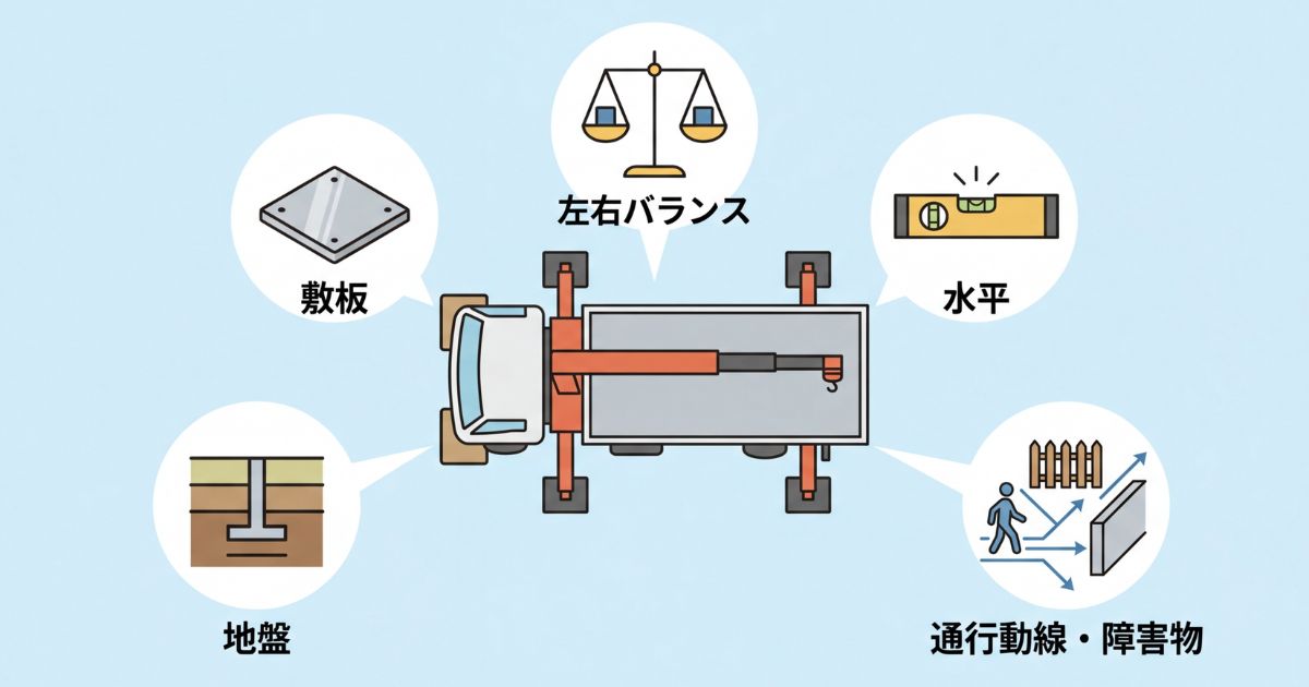 アウトリガー設置で確認すべき判断軸を整理した図