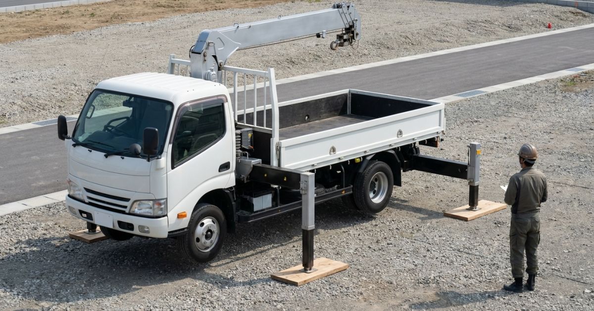 アウトリガーを最大張り出しで接地させ敷板と水平を確認して設置が成立しているイメージ