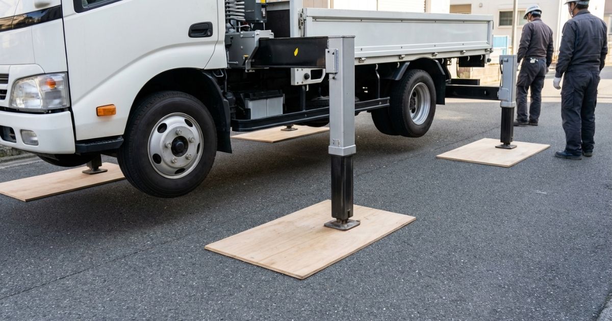 敷板を配置してからアウトリガーを段階的に張り出し接地前に確認している途中の様子