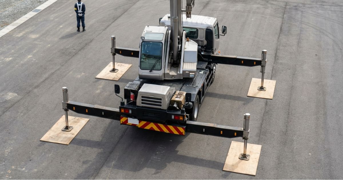 アウトリガーを最大張り出ししたときの左右の占有幅が分かる設置イメージ