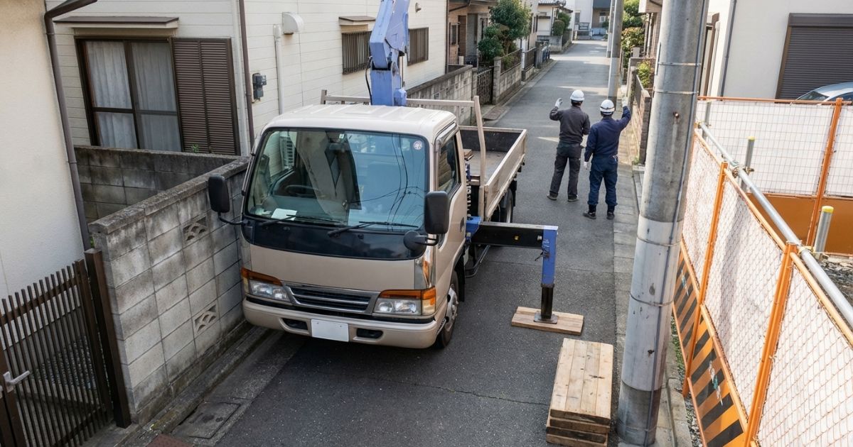 狭所で障害物が近くアウトリガー幅を確保できず作業前に判断が必要になる例