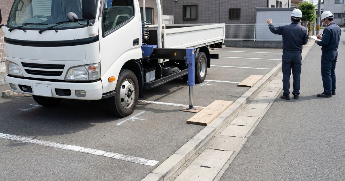 下見で最大アウトリガー幅の外形と動線や敷板置き場を含めて設置スペースを見積もるイメージ