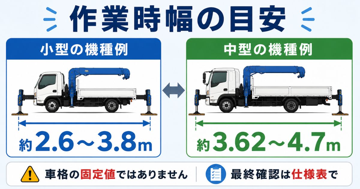 小型約2.6〜3.8mと中型約3.62〜4.7mのアウトリガー最大張出幅の機種例