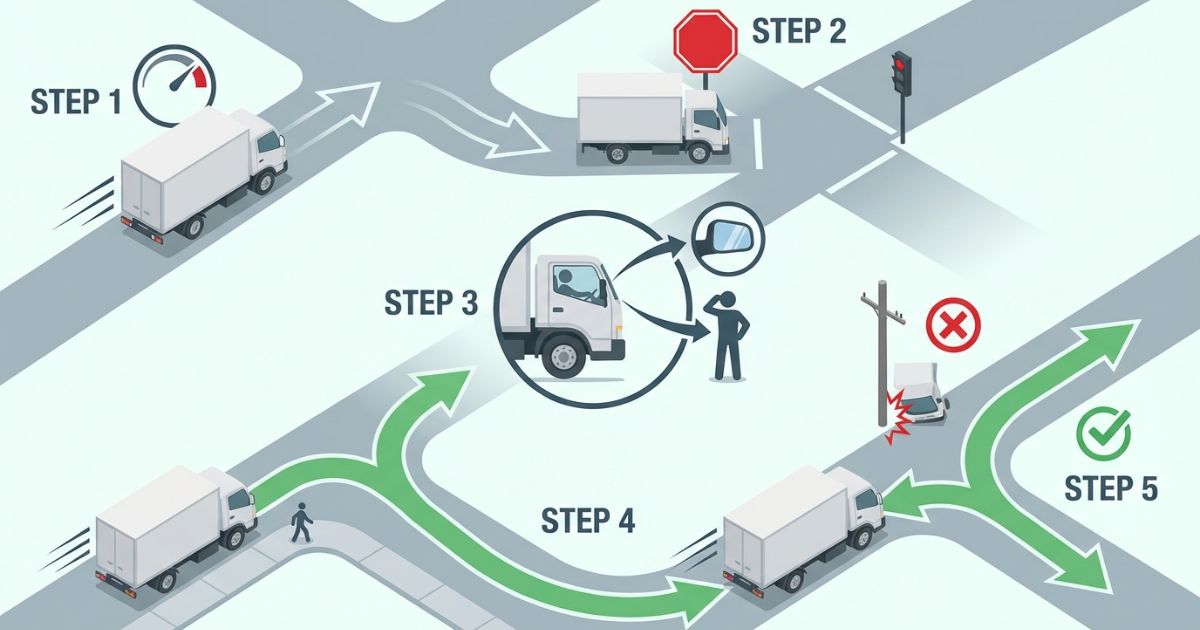 4tトラックの進入前確認から徐行までの流れを示す図解