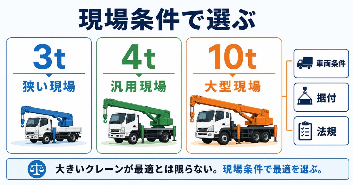 タダノ3t・4t・10tユニックの向く現場と注意点の違いを比較した図解