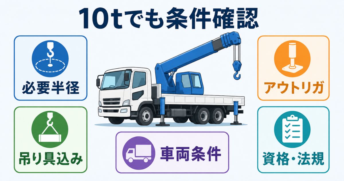 タダノ10tユニックの性能表を見る前に必要作業半径・アウトリガ・車両条件・資格を確認する流れを示した図解