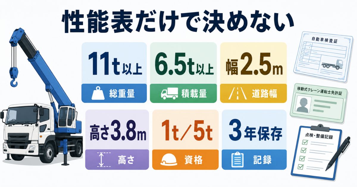 タダノ10tユニックの安全・法規・資格確認で見る車両総重量や資格区分などの数値を整理した図解