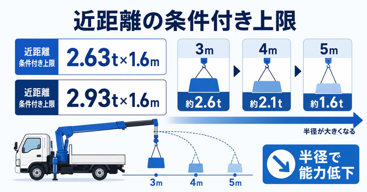 2.63tや2.93tは作業半径1.6m前後の条件付き上限であることを示す数値図解