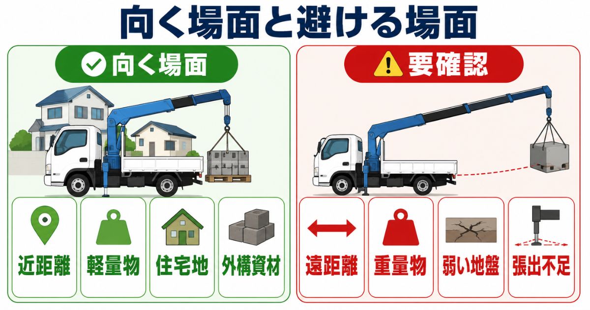 2tユニックが向いている近距離作業と避けたい遠距離重量物作業を比較した図解