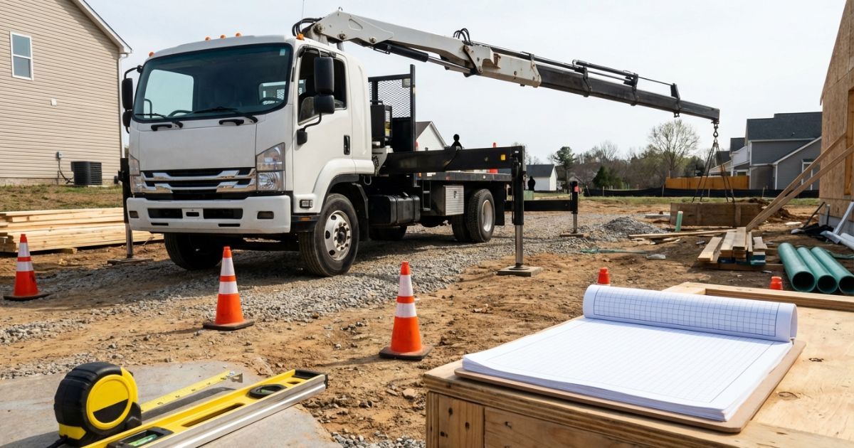 3tユニックが作業半径を意識しながら性能表を確認して段取りする現場イメージ