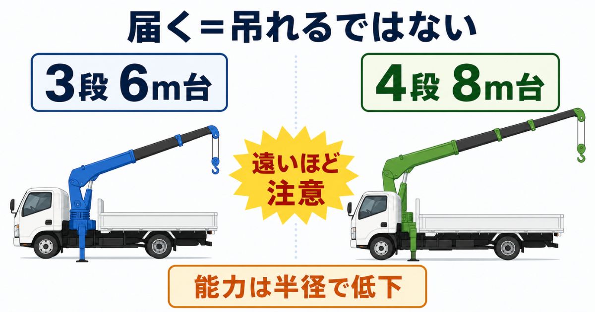 タダノ3tユニックの3段ブームと4段ブームで届く範囲と吊れる重量は別であることを示した比較図