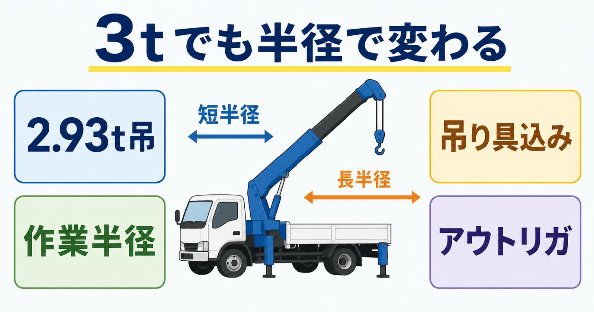 タダノ3tユニックは2.93t吊でも作業半径と吊り具込み重量で吊り能力が変わることを示した図解