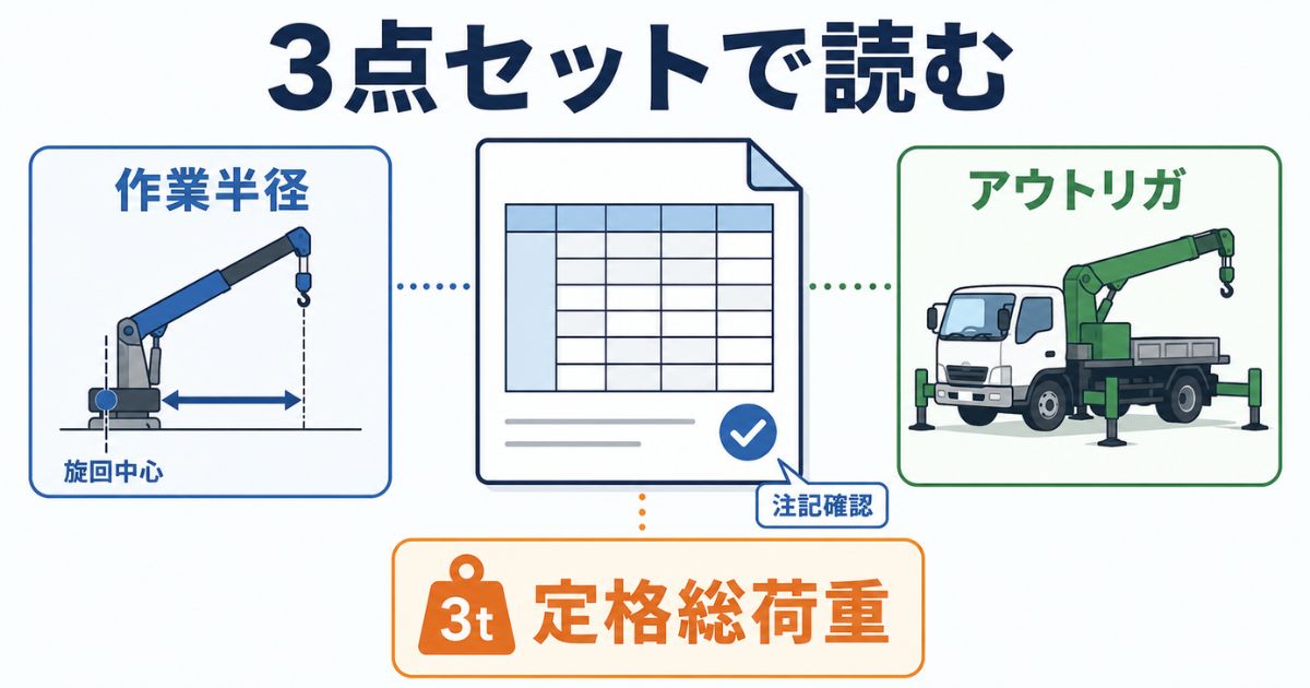 タダノ3tユニックの性能表を作業半径・定格総荷重・アウトリガ条件の3点で確認する図解