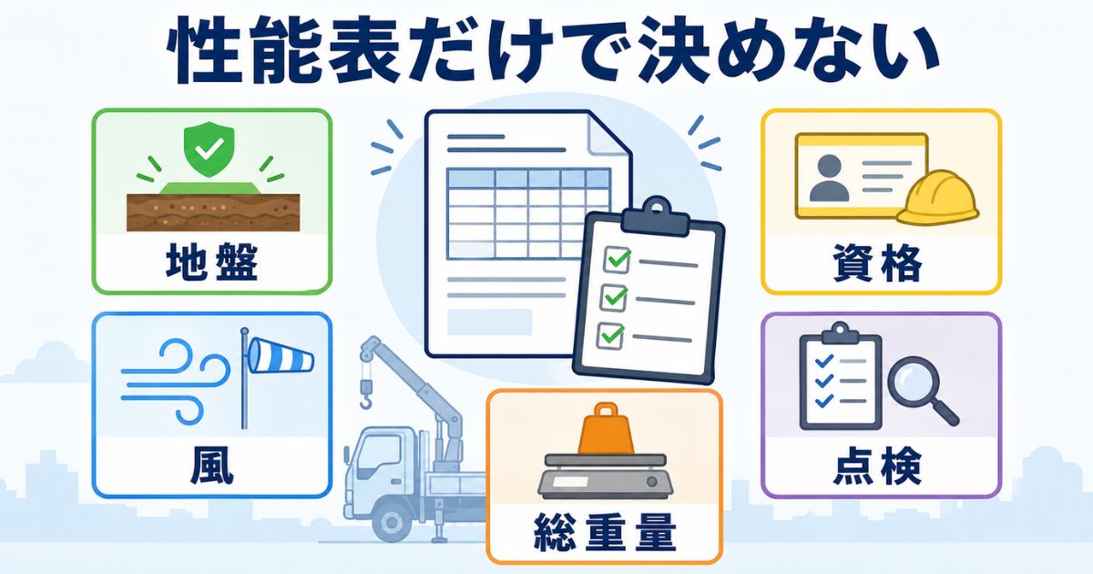 タダノ3tユニックの作業可否を性能表だけで決めず地盤・風・資格・点検・総重量を確認する図解