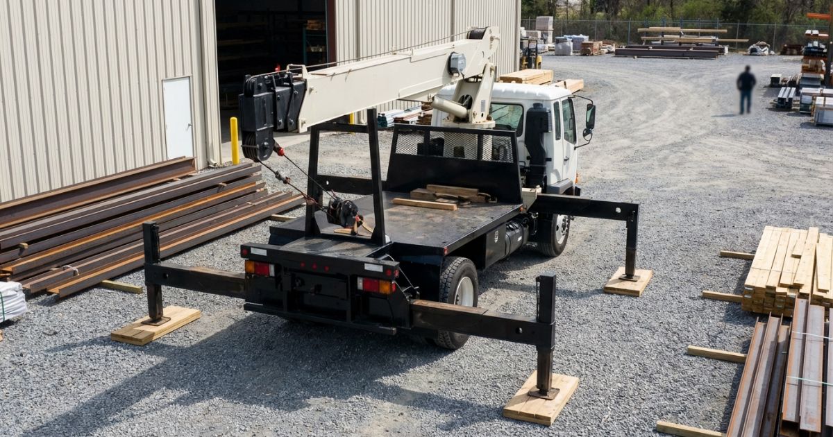 4tユニックがアウトリガを展開して資材搬入に備える現場イメージ