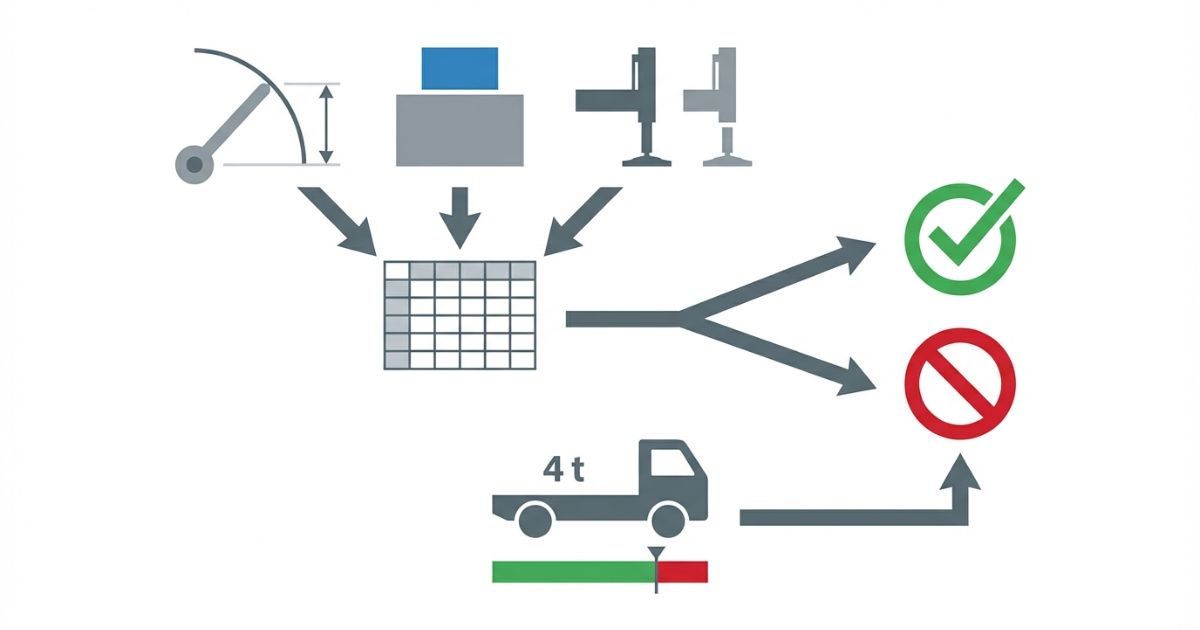 性能表で作業半径と吊り能力を対応させて成立判断する要点図解