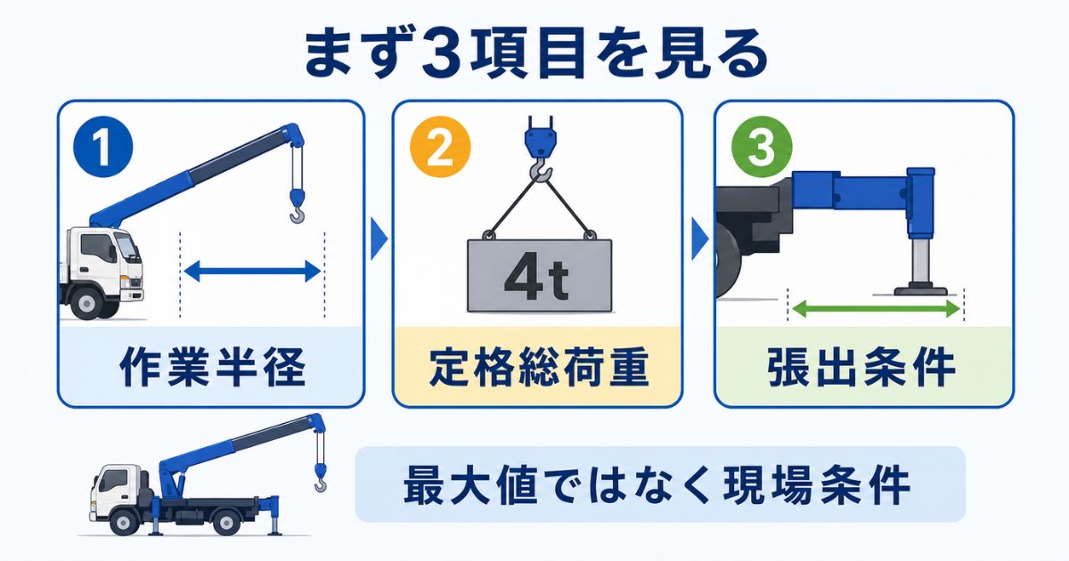 タダノ4tユニック性能表で作業半径・定格総荷重・張出条件の3項目を確認する図解