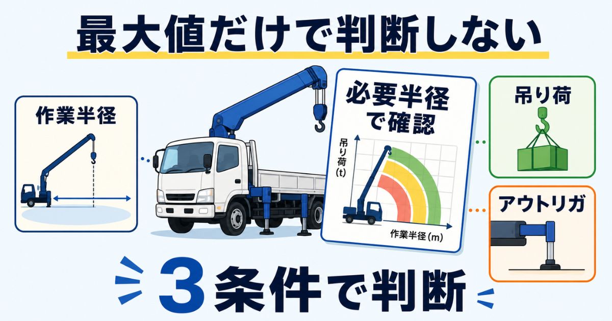 タダノ4tユニックの性能表を最大値ではなく作業半径・吊り荷・アウトリガ条件で確認する図解