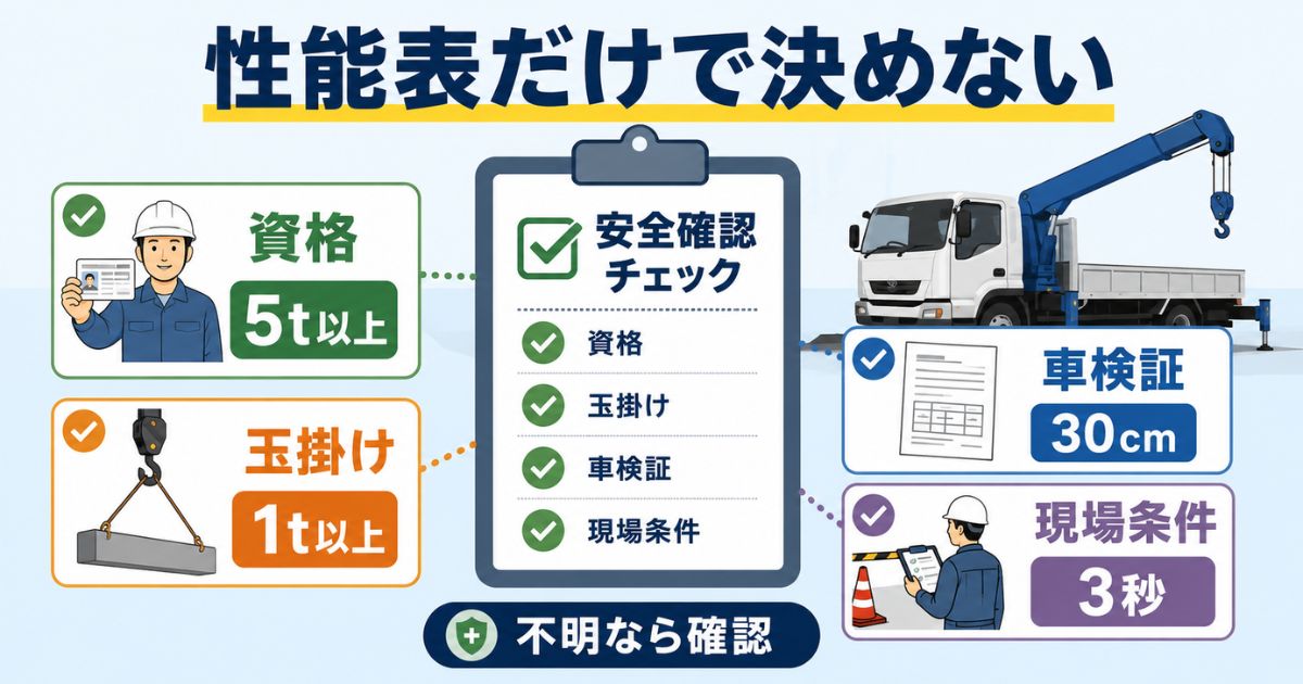 タダノ4tユニックの性能表だけでなく資格・玉掛け・車検証・現場条件を確認する図解