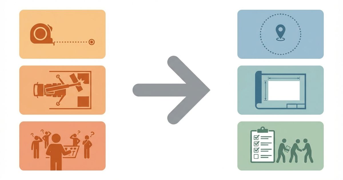  作業半径・設置・属人化で起きる失敗リスクと回避の方向性を示す図解