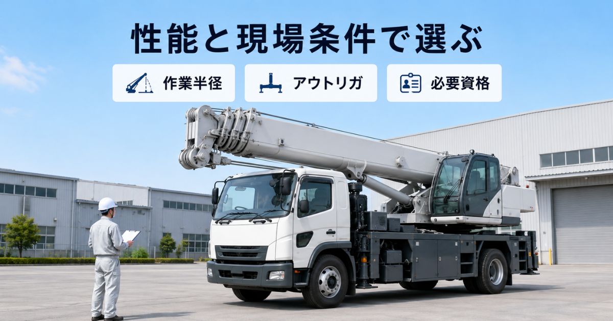 トラッククレーンと作業計画を確認し、作業半径・アウトリガ・必要資格で選ぶ考え方を示す