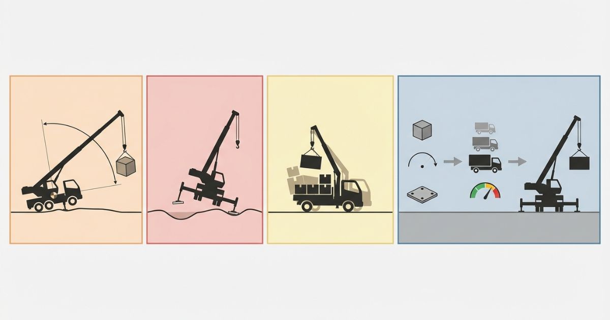 作業半径・設置・積載の失敗例と回避の流れを示した図解