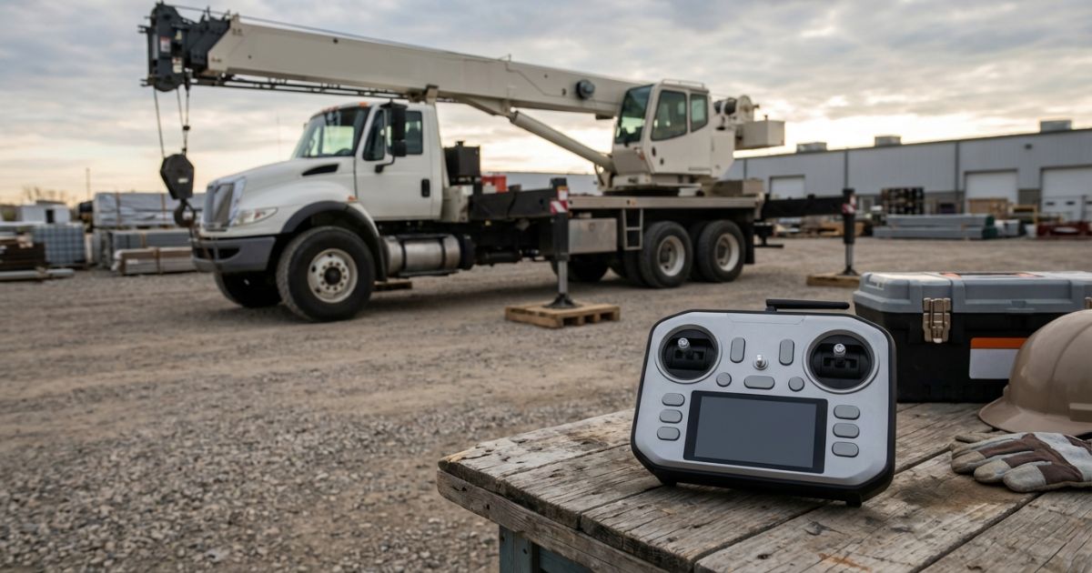 タダノユニックのリモコン設定を想起させる無地リモコンとクレーン付きトラックの現場写真イメージ