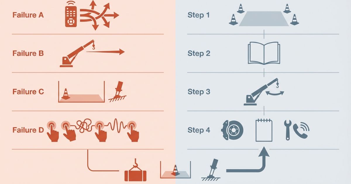 思い込み操作や退避不足などの失敗例と中止に切り替える判断分岐を示す図