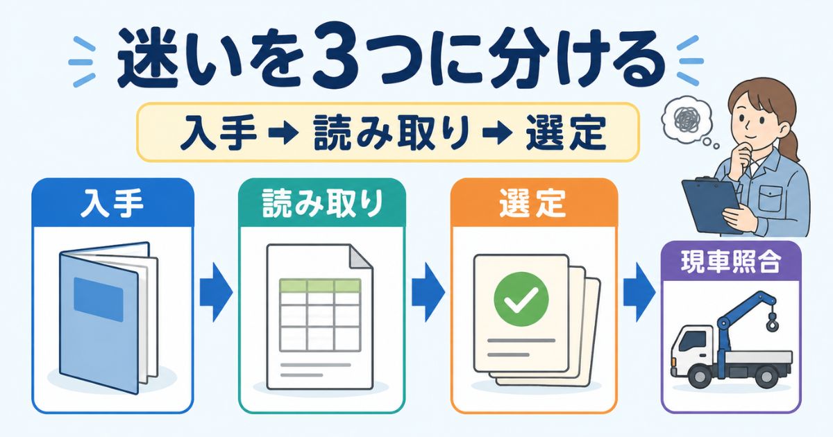 タダノユニックのカタログ確認を入手・読み取り・選定の3段階に分けて整理する図解