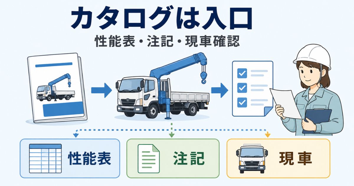 タダノユニックのカタログを起点に性能表・注記・現車確認へ進む流れを示すアイキャッチ画像