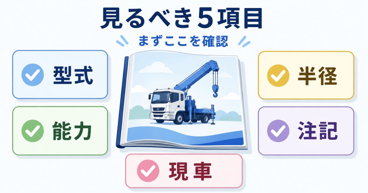 タダノユニックのカタログで確認する型式・能力・作業半径・注記・現車条件の5項目を示す図解