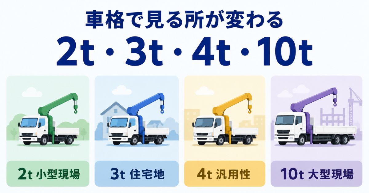 タダノユニックのカタログ確認で2t・3t・4t・10tごとに見るポイントが変わることを示す比較図
