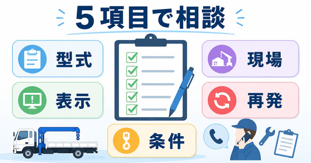 点検依頼時に型式、表示、条件、現場、再発の5項目を整理して伝えるチェック図