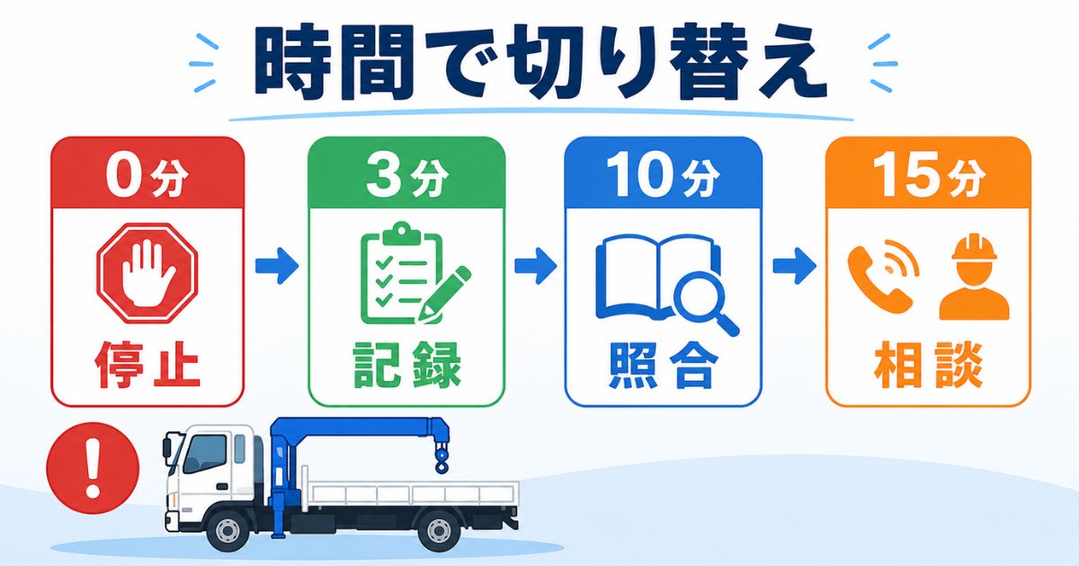 エラー93対応を0分停止、3分記録、10分照合、15分相談で切り替える時間判断フロー図