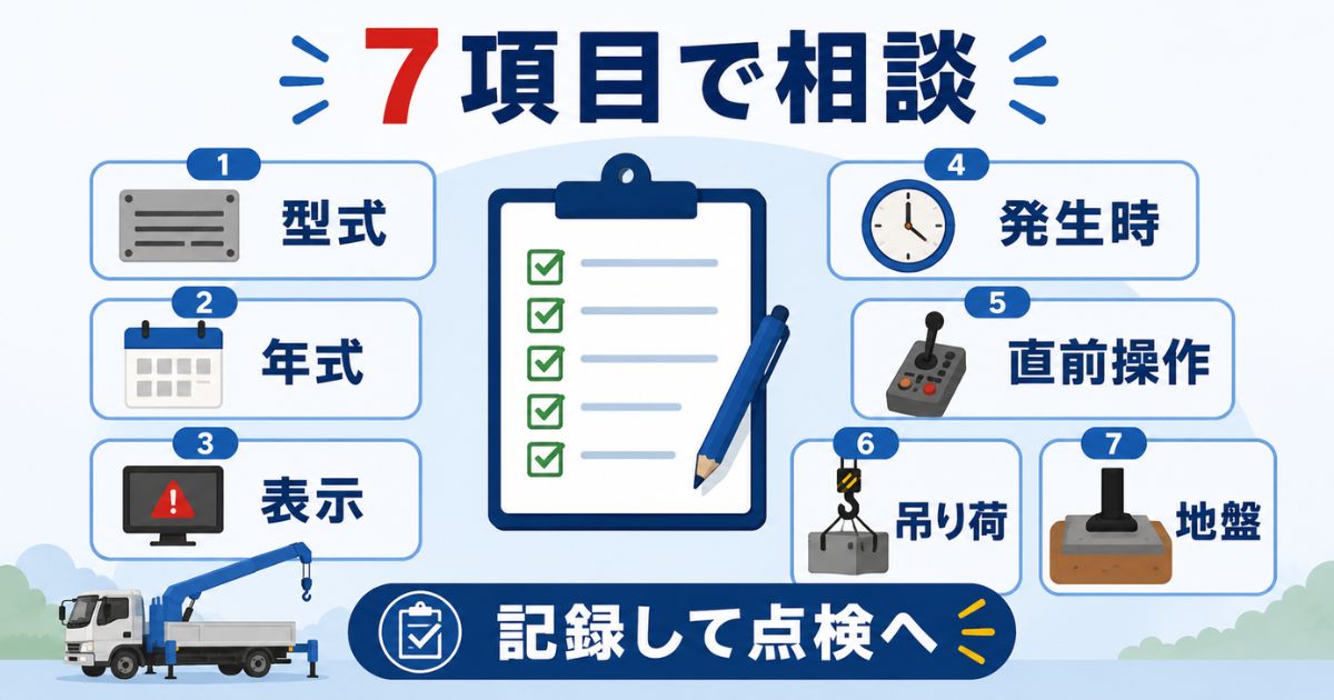 点検依頼時に伝える型式や表示など7項目を整理した図解