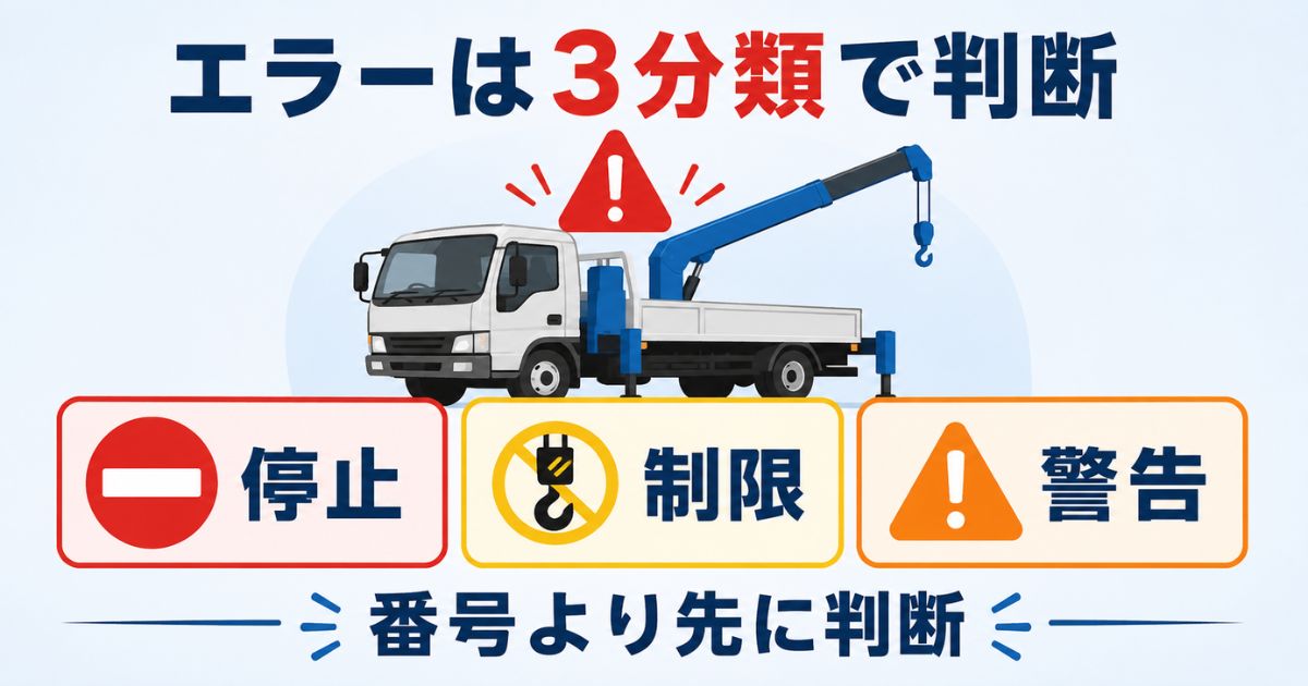 タダノユニックのエラーを停止・制限・警告で判断する流れを示す図解