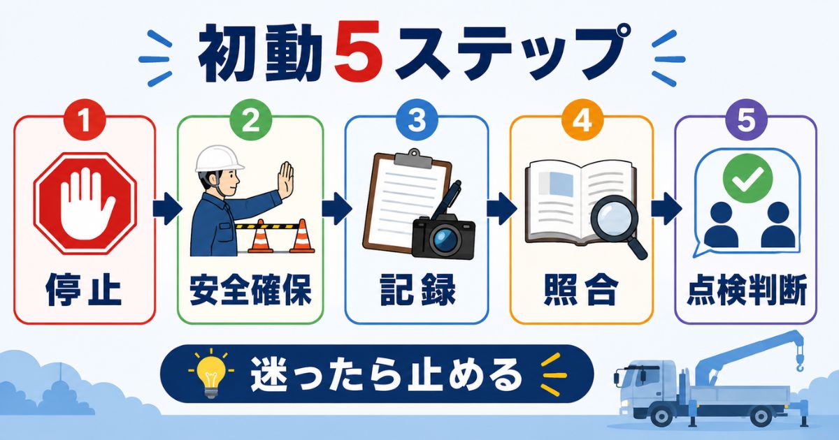 タダノユニックでエラーが出た時の初動5ステップを示す図解