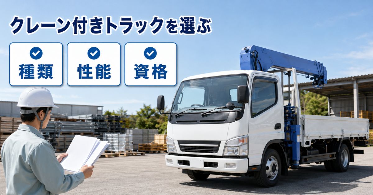 クレーン付きトラックと書類を確認する作業担当者に種類・性能・資格の確認項目を重ねたアイキャッチ