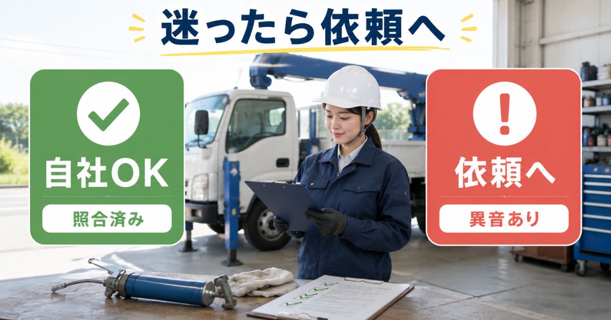 タダノユニックの点検管理を作業前と1か月と1年と3年保存で整理する図解