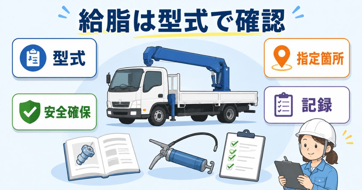 タダノユニックの誤給脂や給脂不足を防ぐ確認手順を示す図解