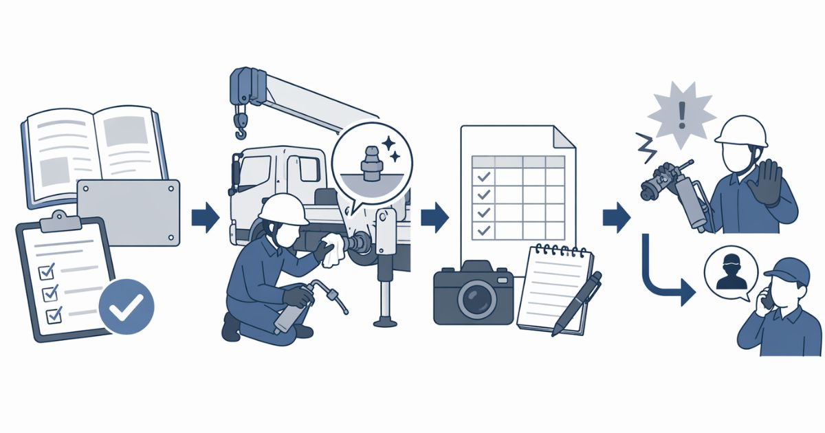 グリスアップ前の確認から記録と相談切替までの流れを示す図解
