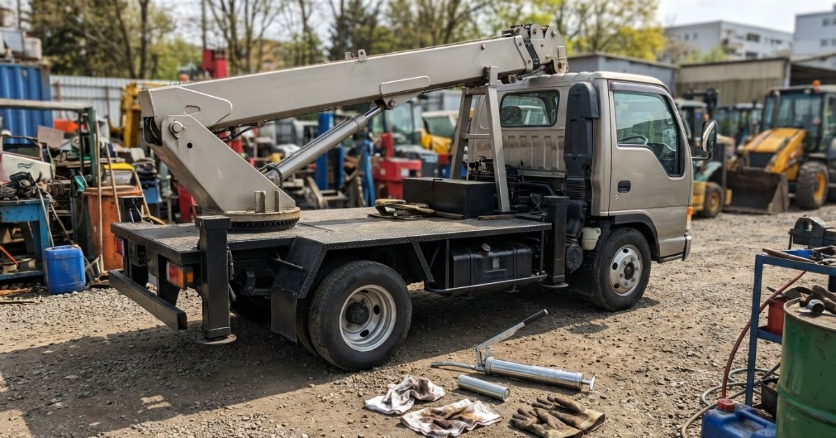 ユニック車のグリスアップ作業に備える点検現場イメージ