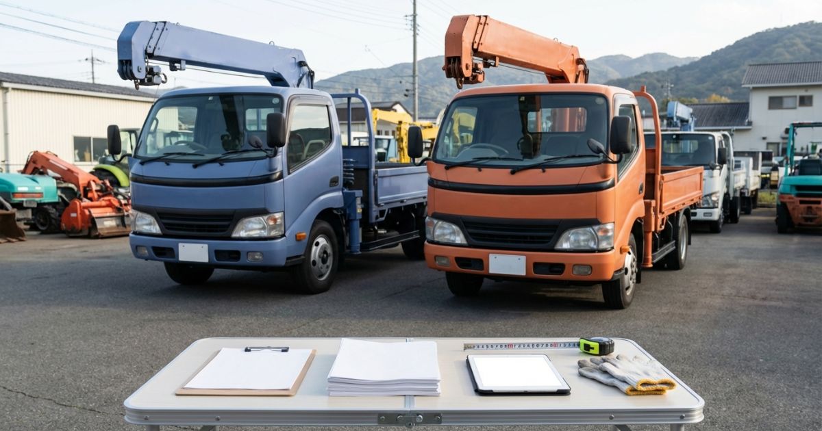 無地のクレーン付きトラック2台を並べ、導入比較の検討をしている現場イメージ