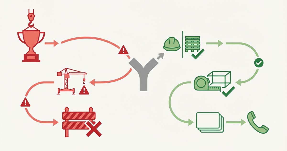 最大吊りだけで選んで失敗する分岐と、半径・設置条件で回避する流れ