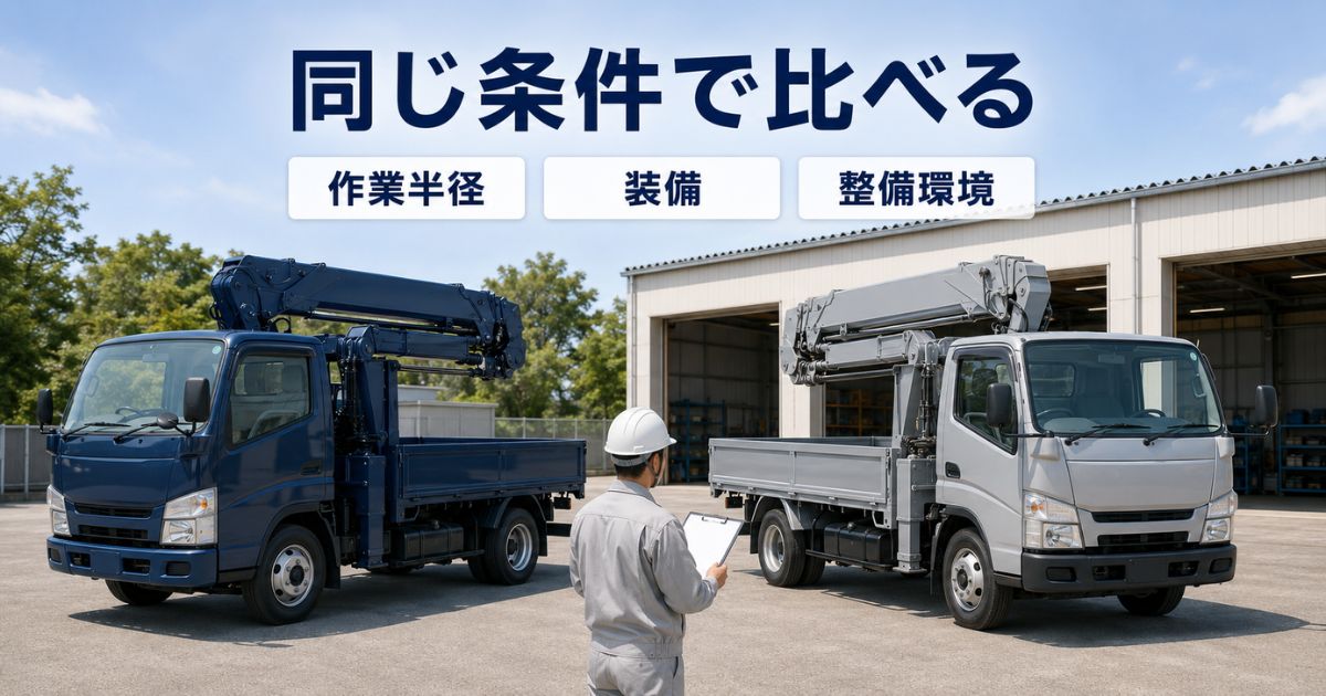2台の無地のクレーン付きトラックを前に作業半径や装備を比較する担当者