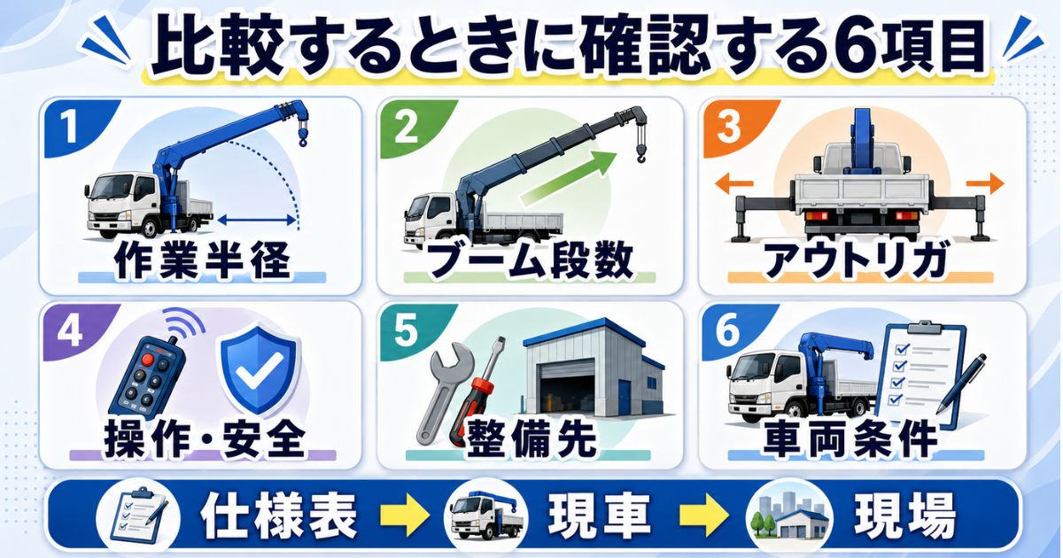 クレーン付きトラック比較で確認する作業半径や装備など6項目を整理した図解