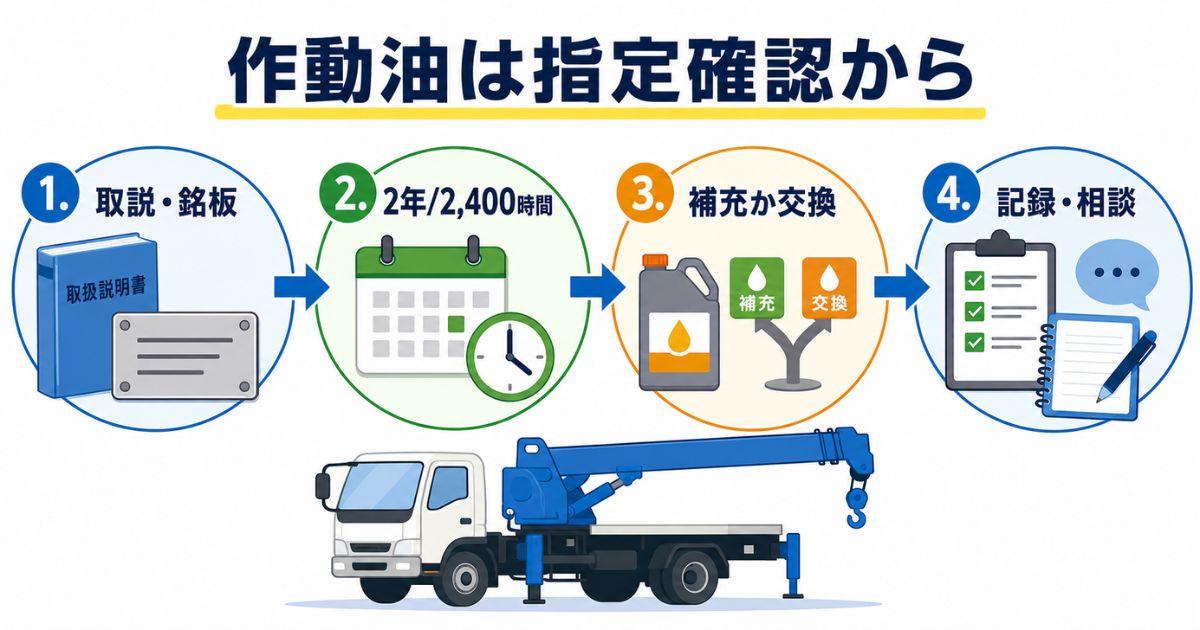 タダノユニックの作動油を取扱説明書・銘板確認から補充や交換判断へ進める流れを示した図解