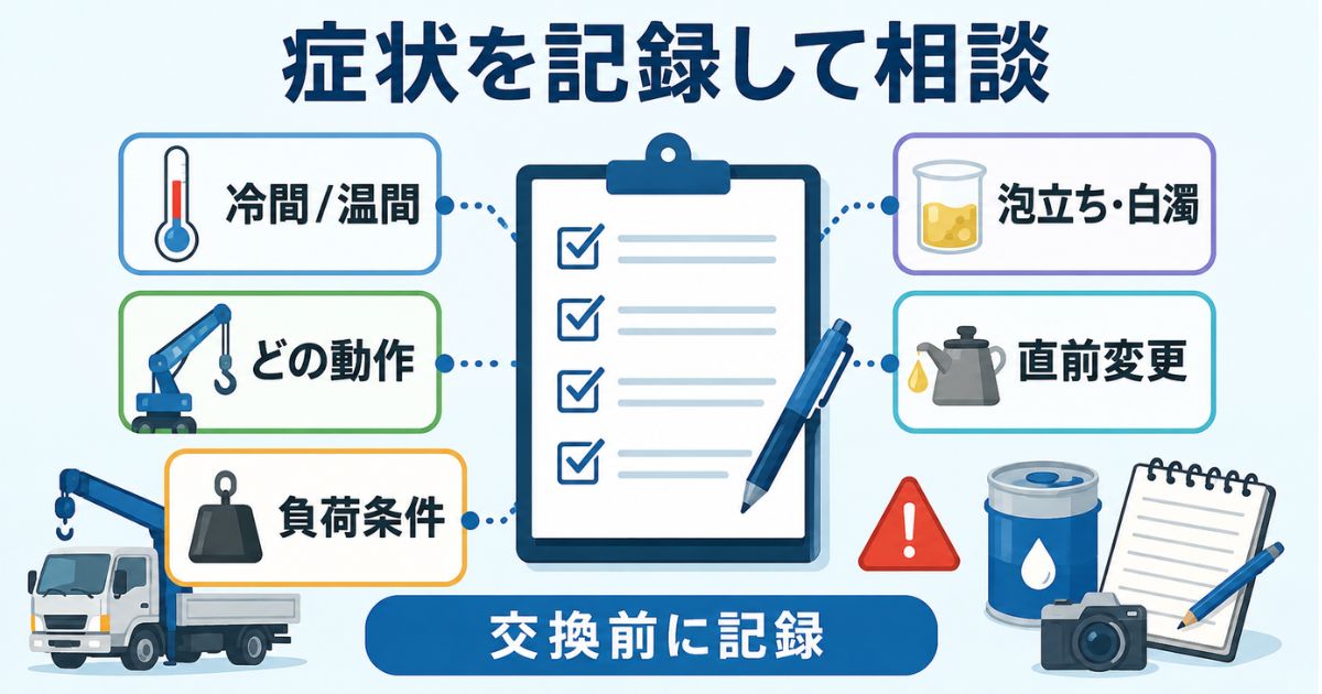 タダノユニックの動きが遅い・異音・保持不良時に記録すべき症状ログを示した図解