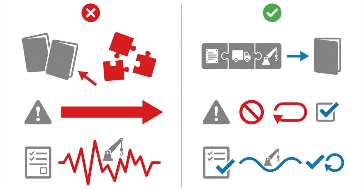 説明書未確認や流用の失敗例と照合に戻る回避策を示す対比図解